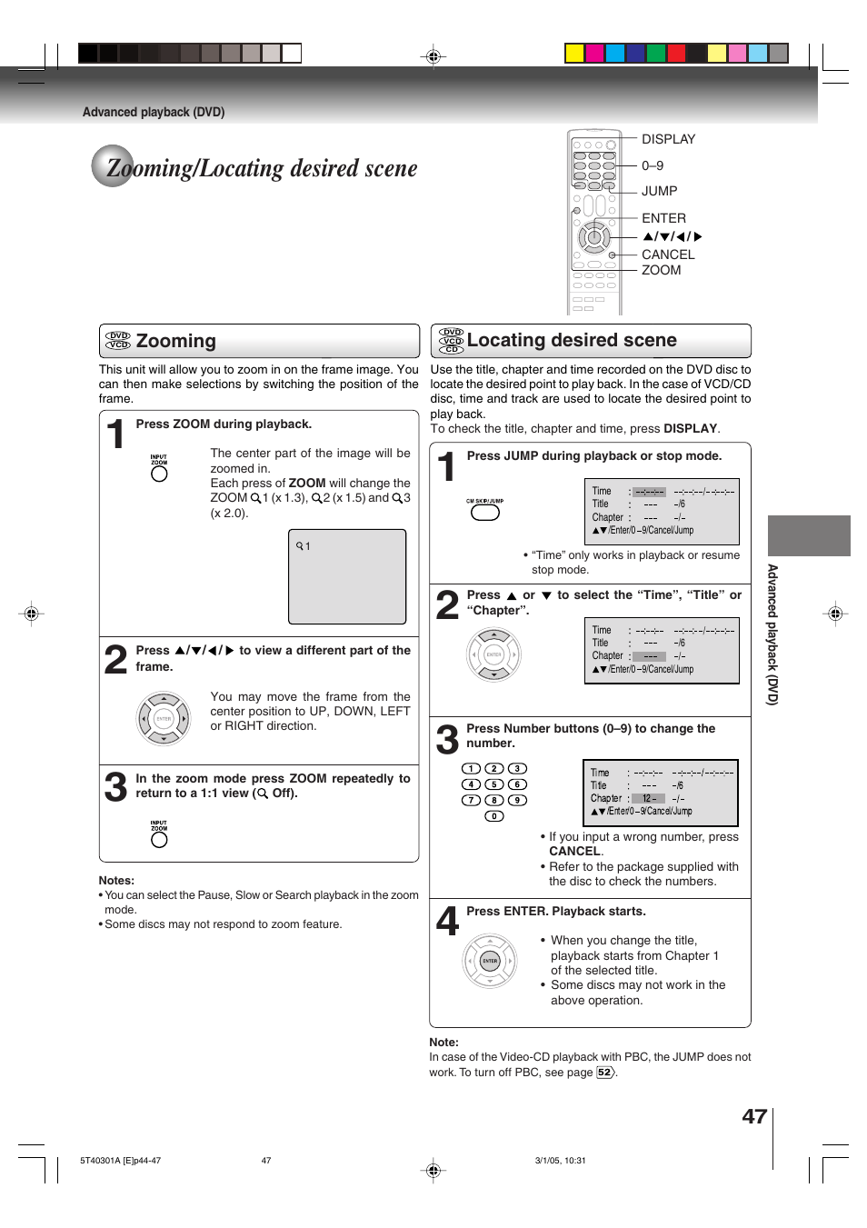 Zooming/locating desired scene, Zooming, Locating desired scene | Toshiba MW24F11 User Manual | Page 47 / 68