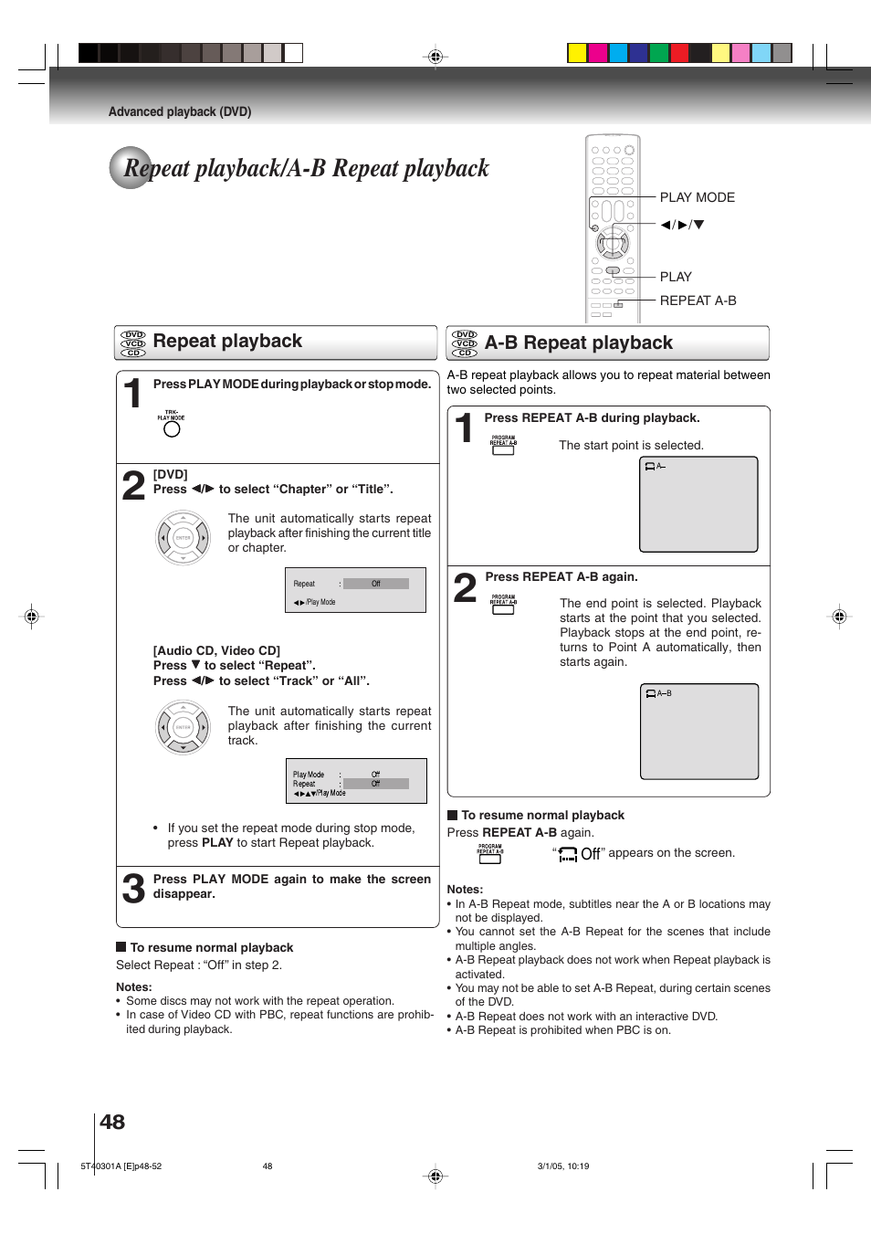 Repeat playback/a-b repeat playback, Repeat playback a-b repeat playback | Toshiba MW24F11 User Manual | Page 48 / 68