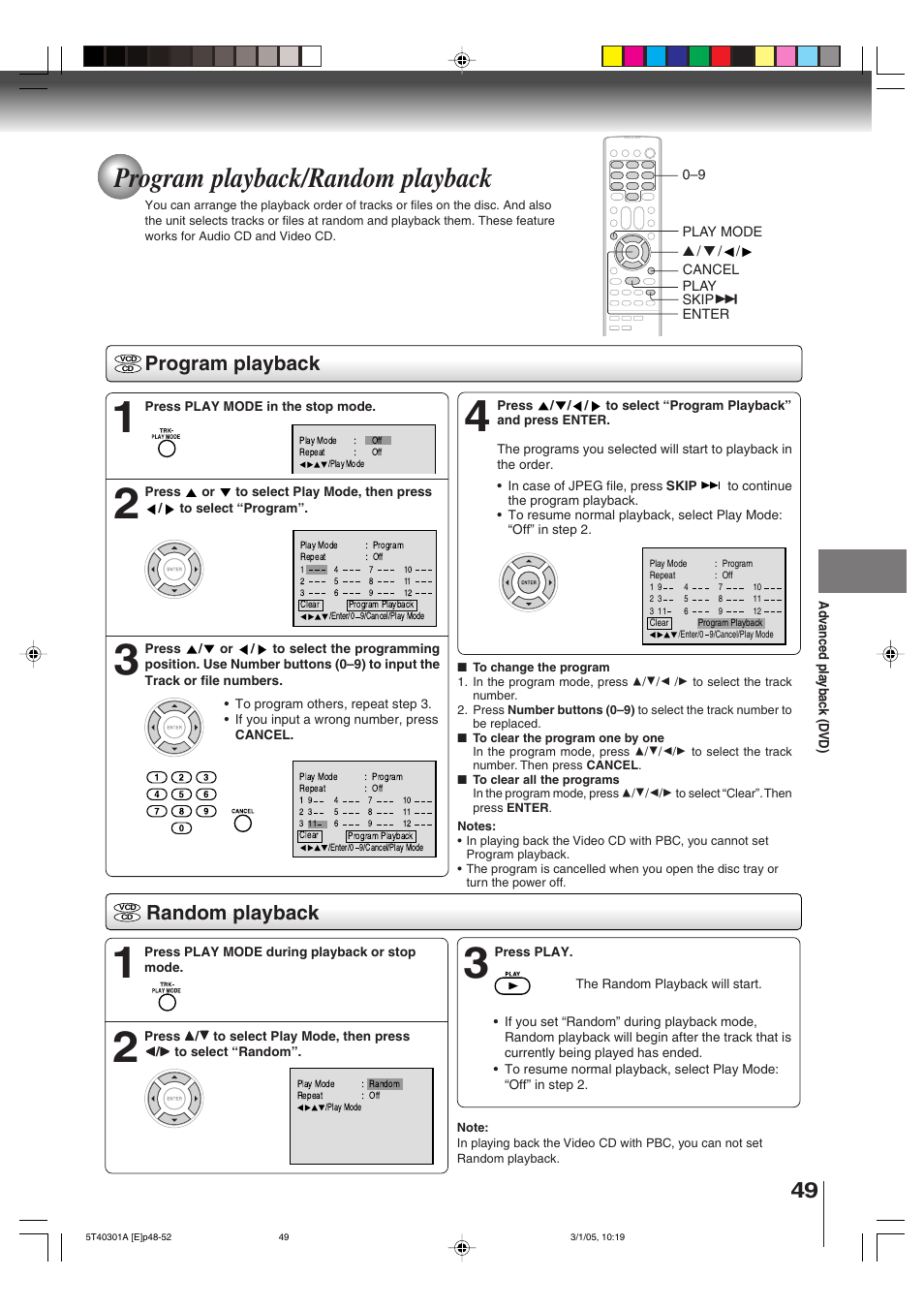 Program playback/random playback, Program playback, Random playback | Toshiba MW24F11 User Manual | Page 49 / 68