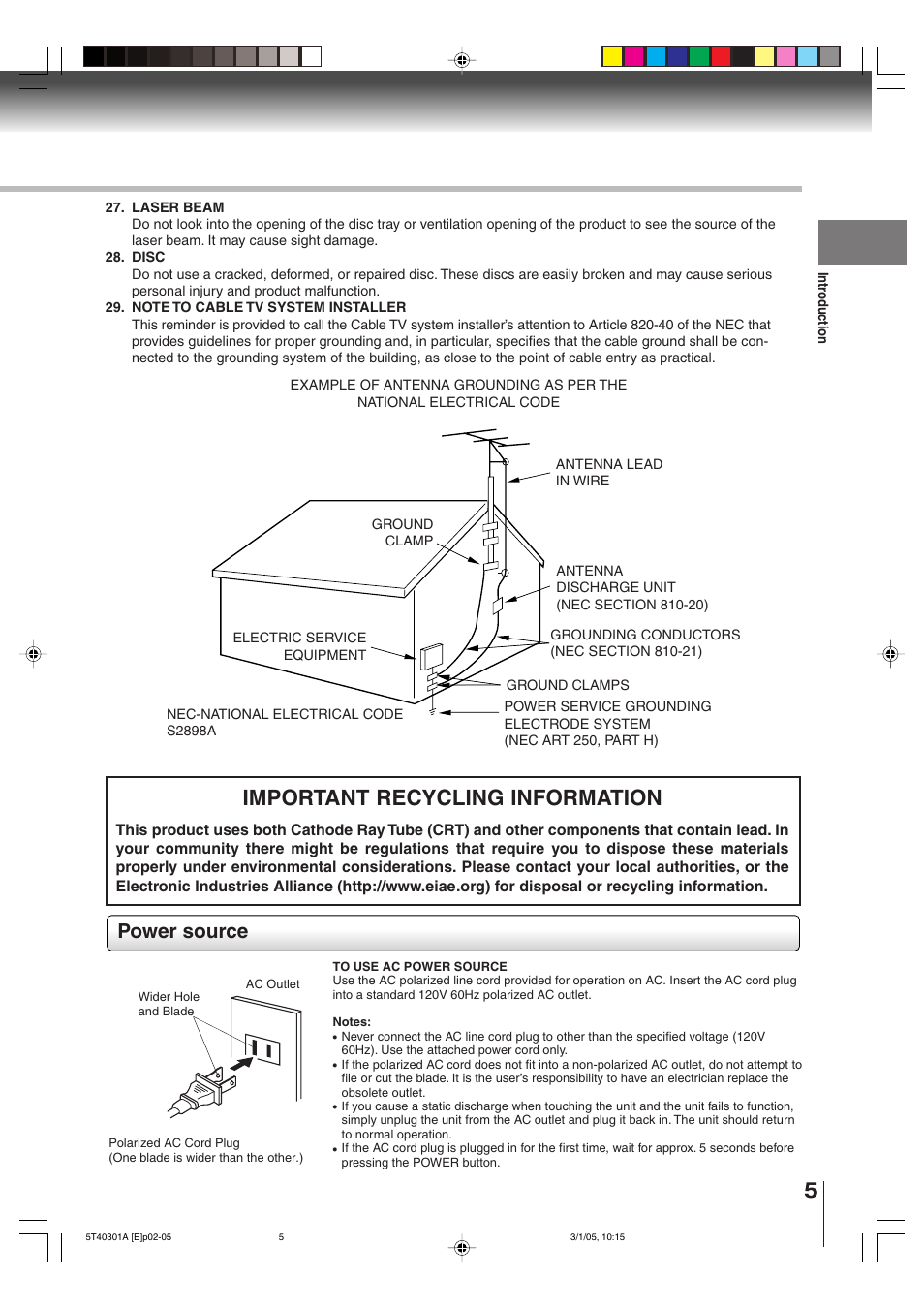 Important recycling information, Power source | Toshiba MW24F11 User Manual | Page 5 / 68