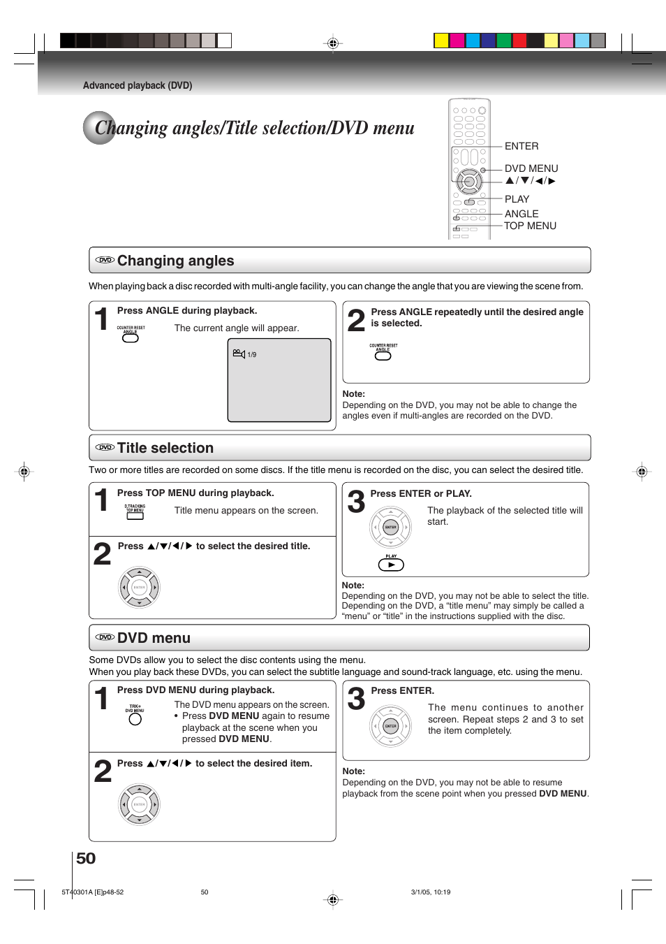 Changing angles/title selection/dvd menu | Toshiba MW24F11 User Manual | Page 50 / 68