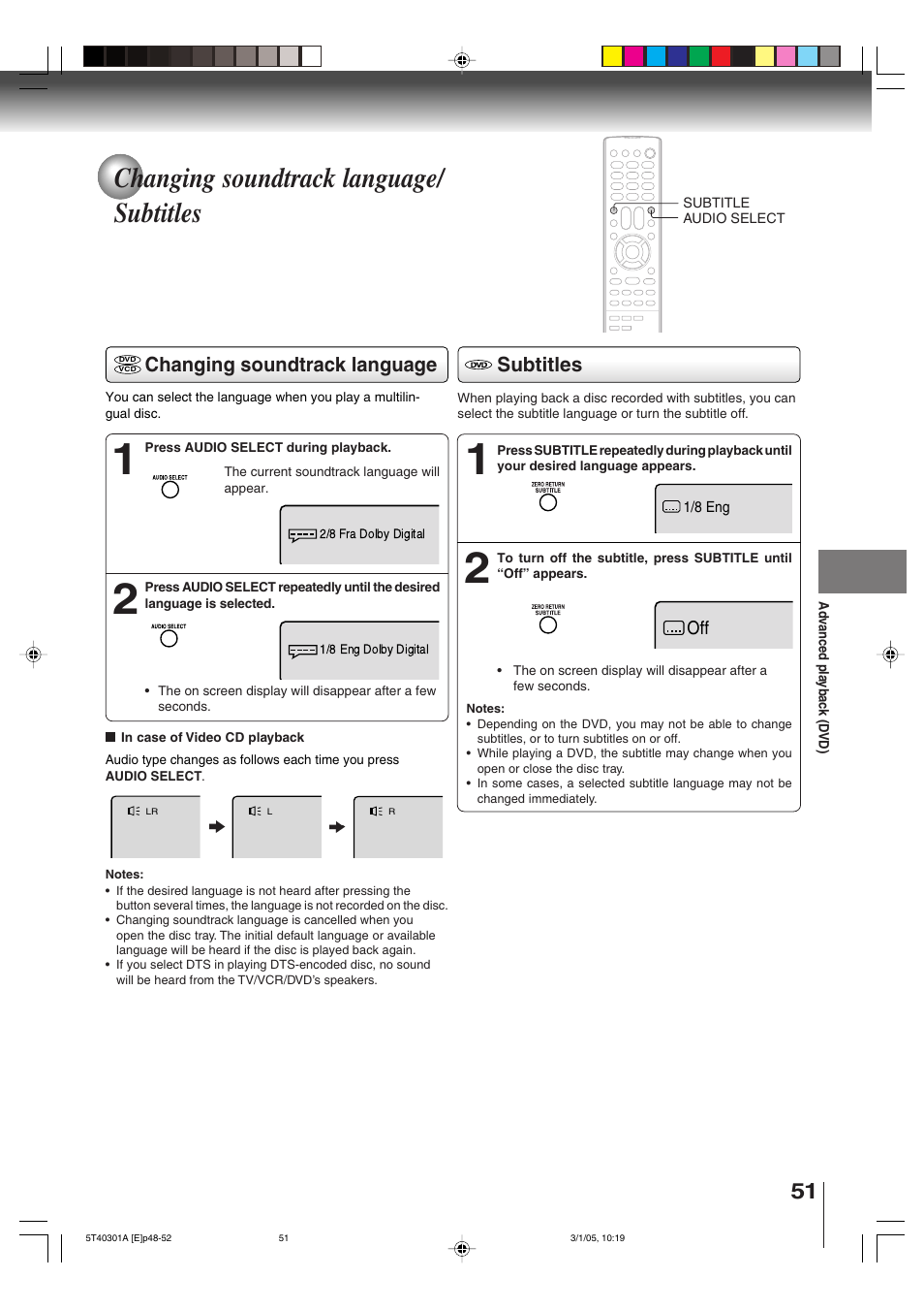 Changing soundtrack language/ subtitles, Subtitles, Changing soundtrack language | Toshiba MW24F11 User Manual | Page 51 / 68