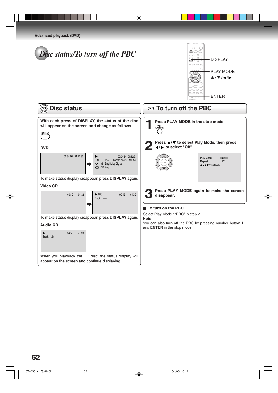 Disc status/to turn off the pbc, Disc status | Toshiba MW24F11 User Manual | Page 52 / 68