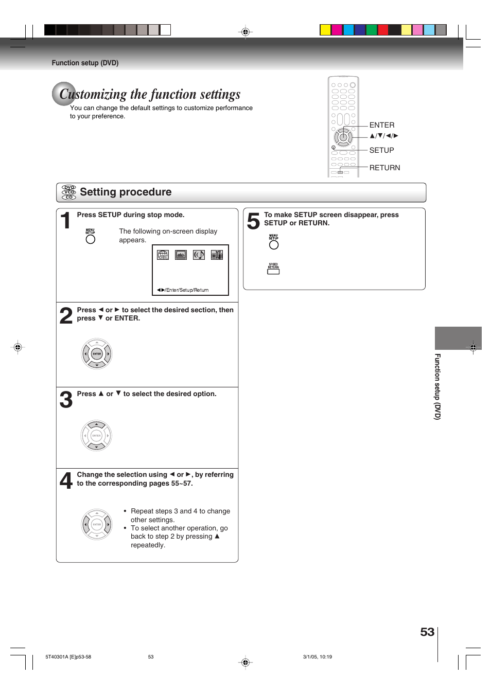 Customizing the function settings | Toshiba MW24F11 User Manual | Page 53 / 68