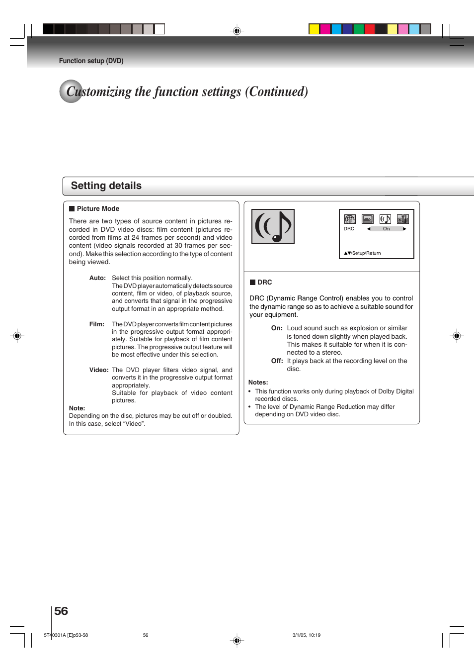 Customizing the function settings (continued), Setting details | Toshiba MW24F11 User Manual | Page 56 / 68