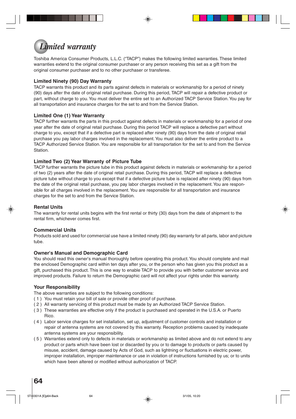 Limited warranty | Toshiba MW24F11 User Manual | Page 64 / 68