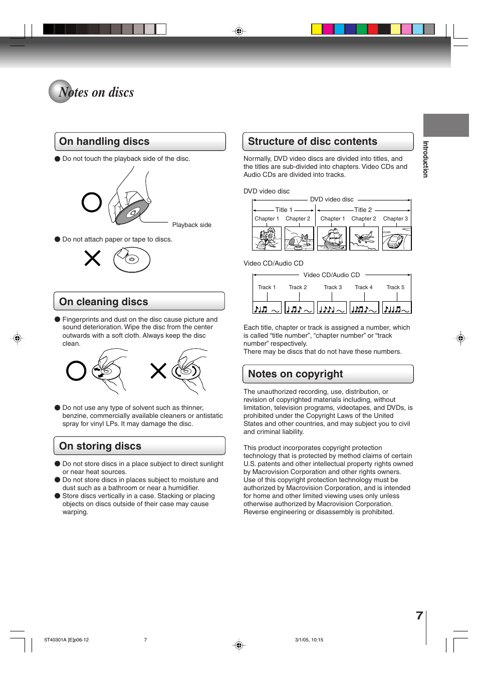 Structure of disc contents, On handling discs, On cleaning discs | On storing discs | Toshiba MW24F11 User Manual | Page 7 / 68