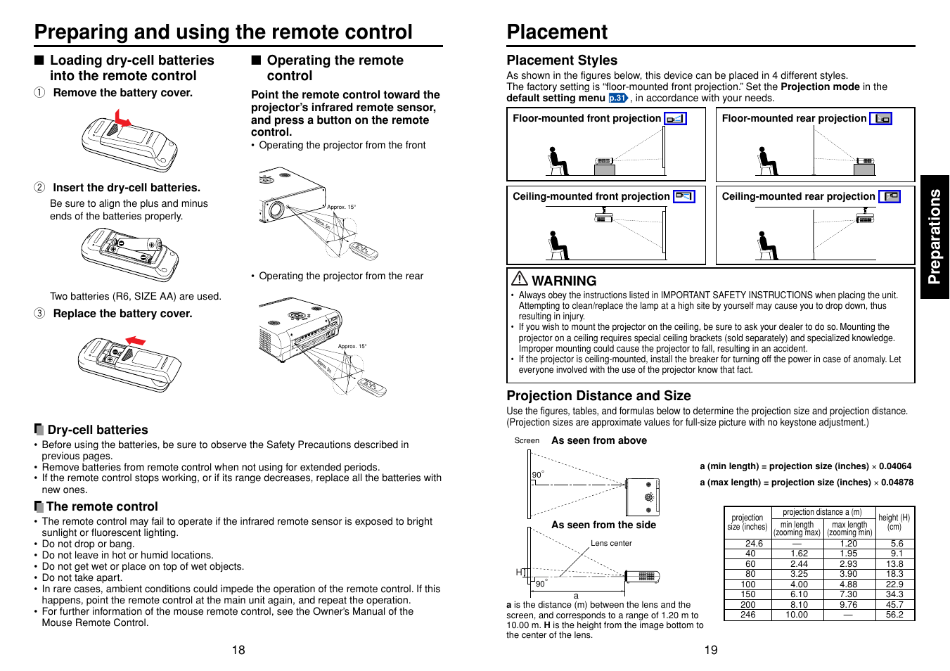 Preparing and using the remote control, Placement, P.18 | Preparations | Toshiba TDP-T98 User Manual | Page 10 / 22