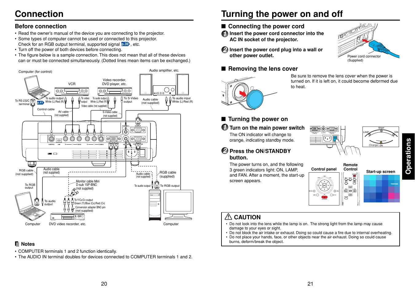 Connection, Operations, Turning the power on and off | P.21, Before connection, Operations ■ connecting the power cord, Turning the power on, Caution, Removing the lens cover | Toshiba TDP-T98 User Manual | Page 11 / 22