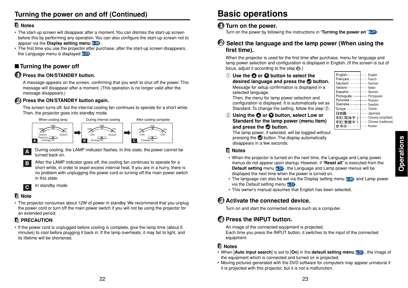 Basic operations, P.23, P.22 | Operations, Turning the power on and off (continued) | Toshiba TDP-T98 User Manual | Page 12 / 22