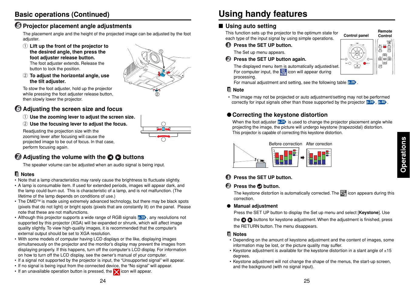 Using handy features, Using auto setting, P.24 | P.25, Operations, Basic operations (continued) | Toshiba TDP-T98 User Manual | Page 13 / 22