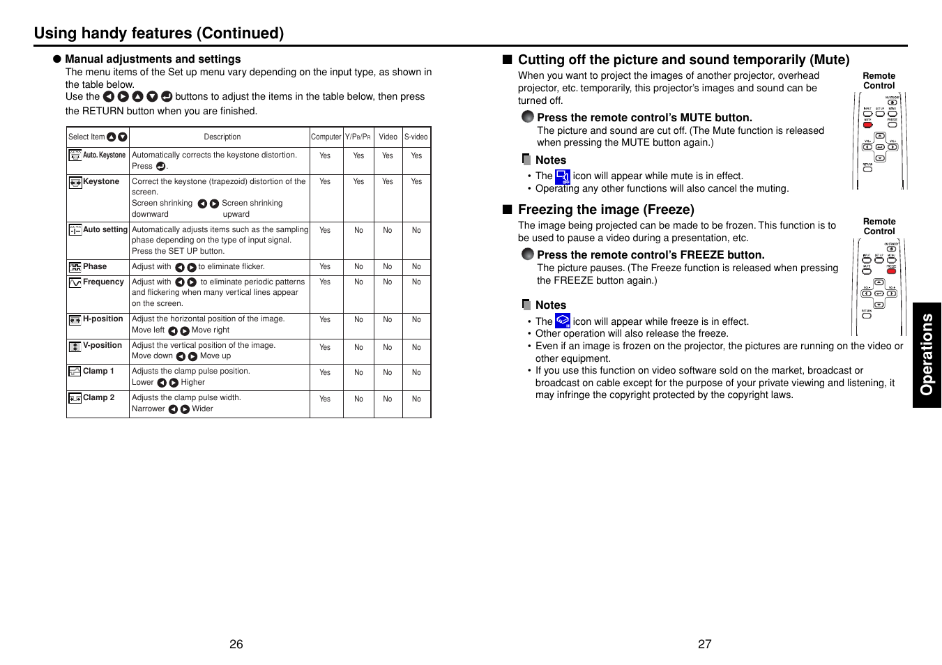 Freezing the image (freeze), P.27, P.26 | Operations, Using handy features (continued) | Toshiba TDP-T98 User Manual | Page 14 / 22