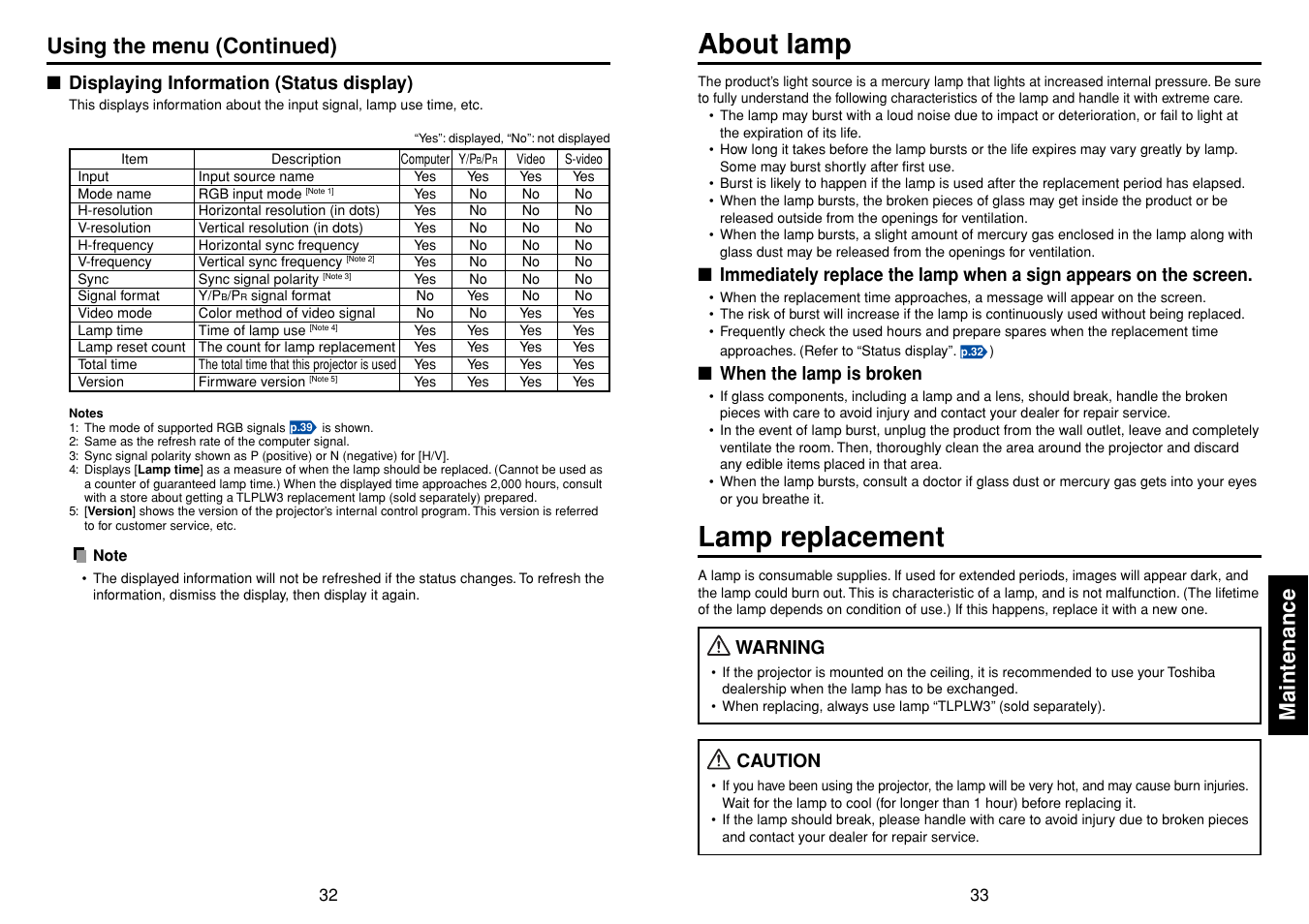 Displaying information (status display), Maintenance, About lamp | Lamp replacement, P.32, Using the menu (continued) | Toshiba TDP-T98 User Manual | Page 17 / 22