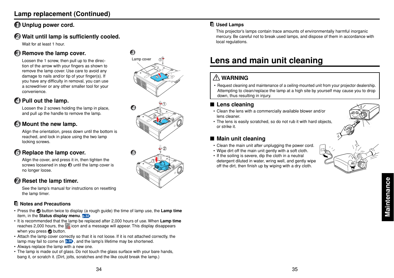 Lens and main unit cleaning, P.34, Maintenance | Lamp replacement (continued) | Toshiba TDP-T98 User Manual | Page 18 / 22