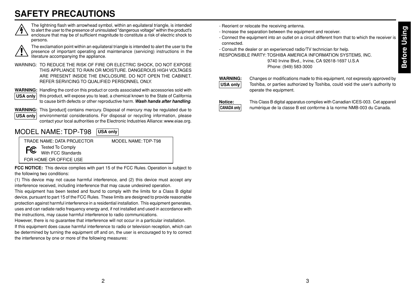 Before using, Safety precautions, Bef ore using | Model name: tdp-t98 | Toshiba TDP-T98 User Manual | Page 2 / 22