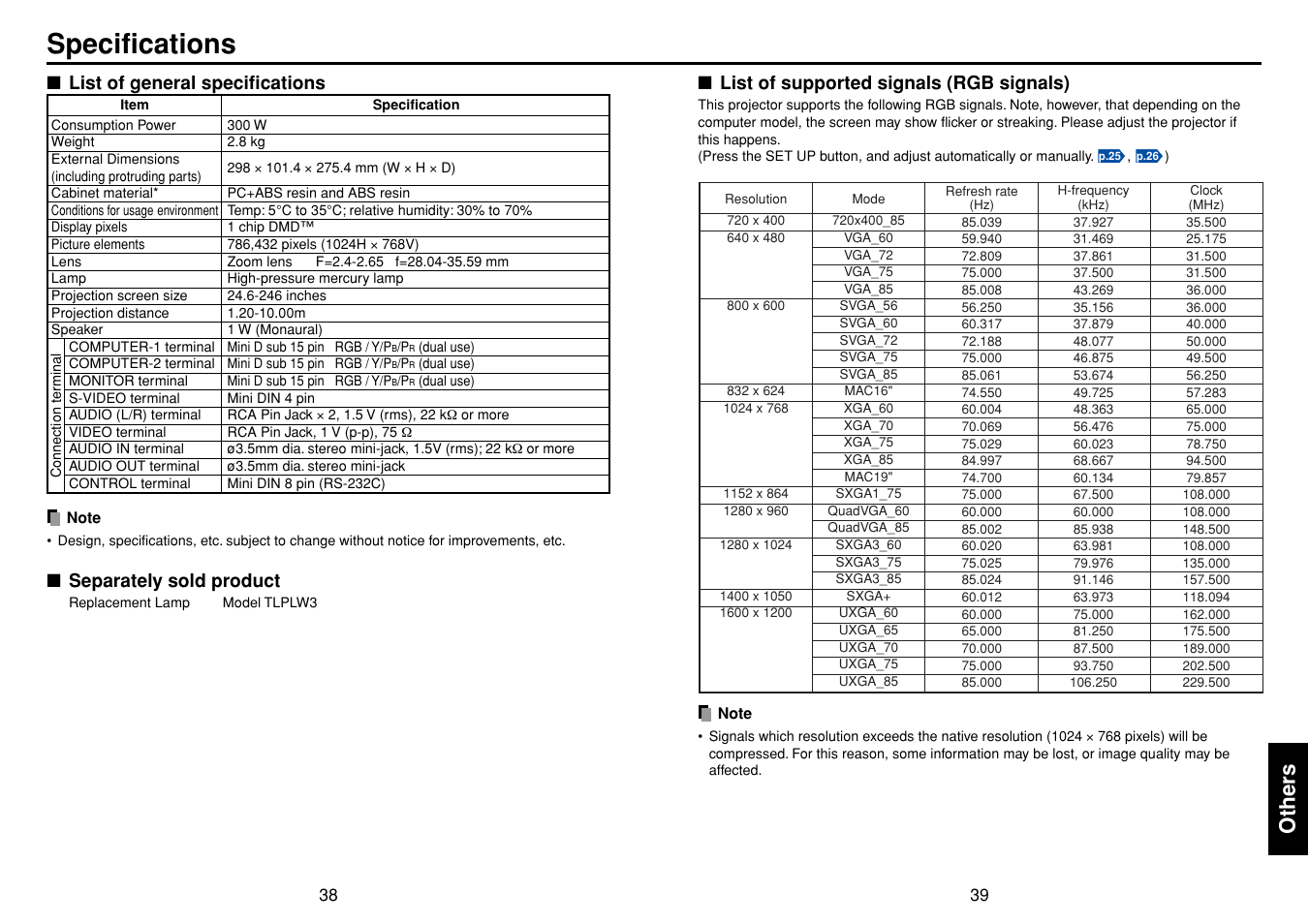 Specifications, List of general specifications, Separately sold product | List of supported signals (rgb signals), P.39, Other s | Toshiba TDP-T98 User Manual | Page 20 / 22