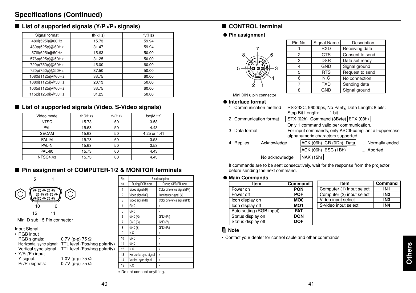 List of supported signals (y/pb/pr signals), List of supported signals (video, s-video signals), Pin assignment of computer-1/2 & monitor terminals | Control terminal, P.41, P.40, Other s, Specifications (continued), List of supported signals (y/p, Signals) | Toshiba TDP-T98 User Manual | Page 21 / 22