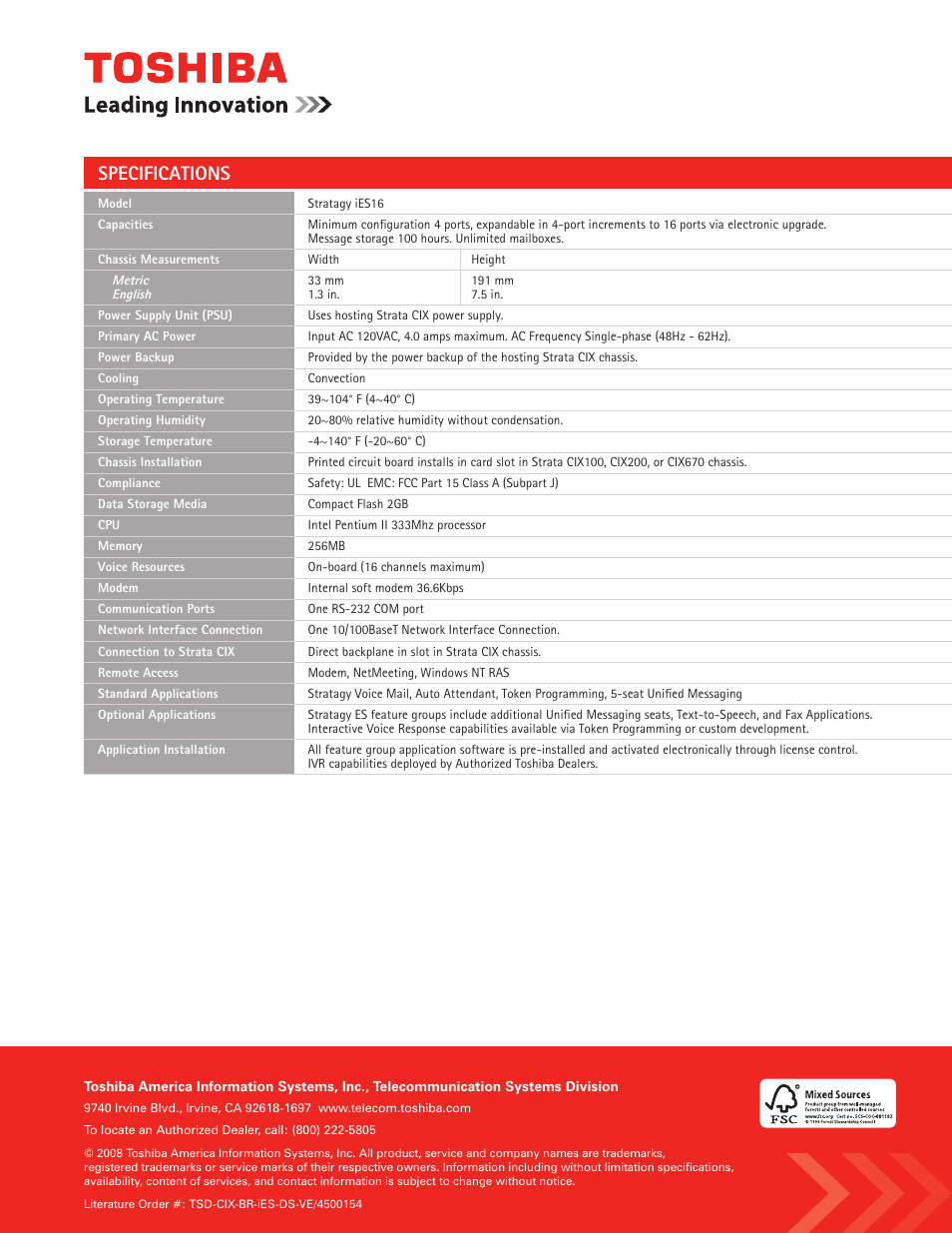 Specifications | Toshiba iES16 User Manual | Page 2 / 2