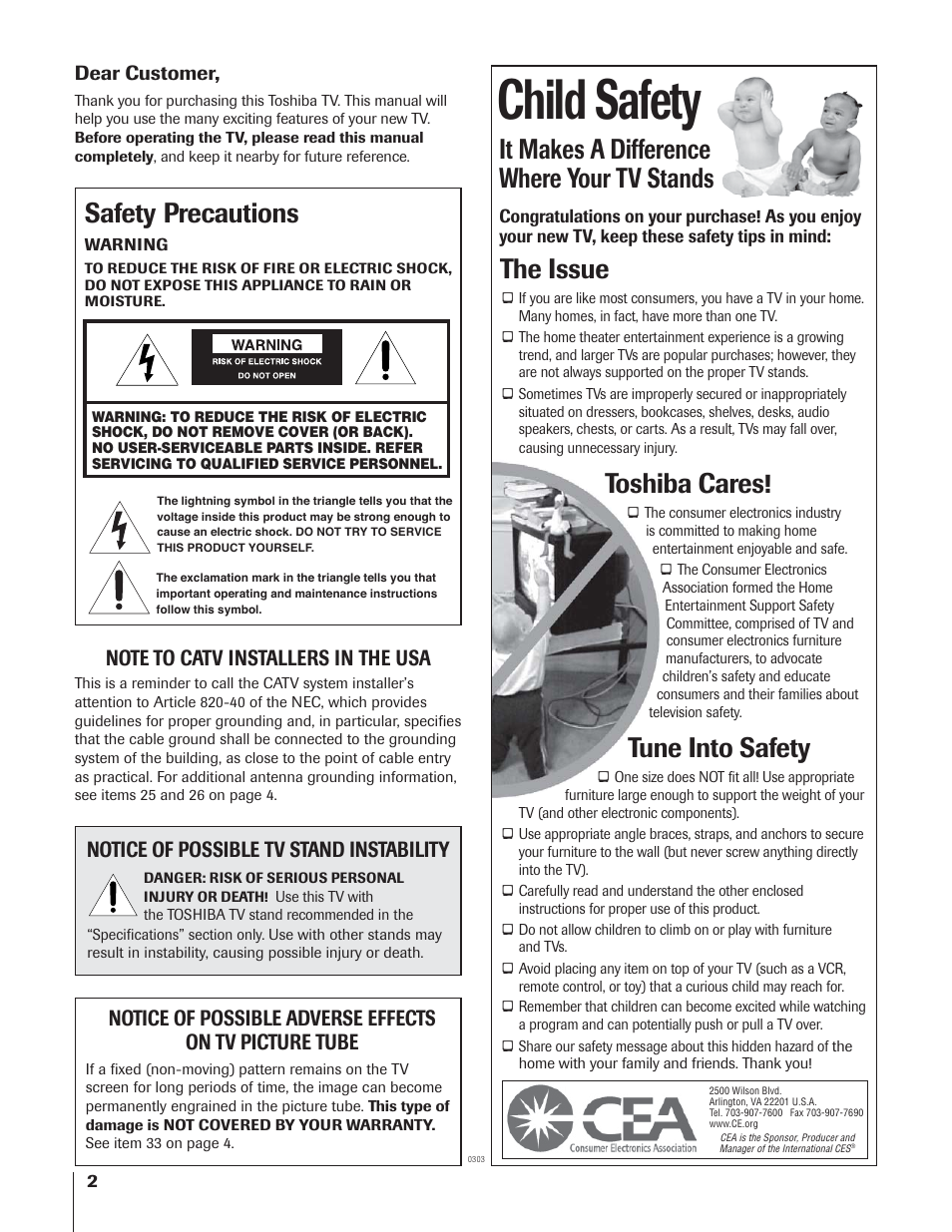Child safety, It makes a difference where your tv stands, The issue | Toshiba cares, Tune into safety, Safety precautions, Notice of possible tv stand instability | Toshiba 65H93 User Manual | Page 2 / 100