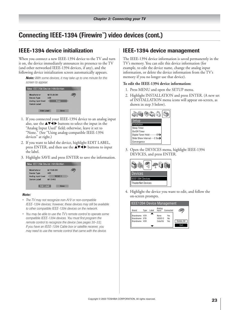 Connecting ieee-1394 (firewire, Video devices (cont.), Ieee-1394 device initialization | Ieee-1394 device management, Devices | Toshiba 65H93 User Manual | Page 23 / 100