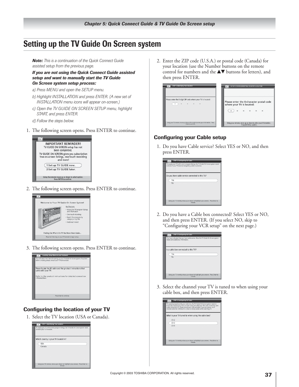 Setting up the tv guide on screen system | Toshiba 65H93 User Manual | Page 37 / 100