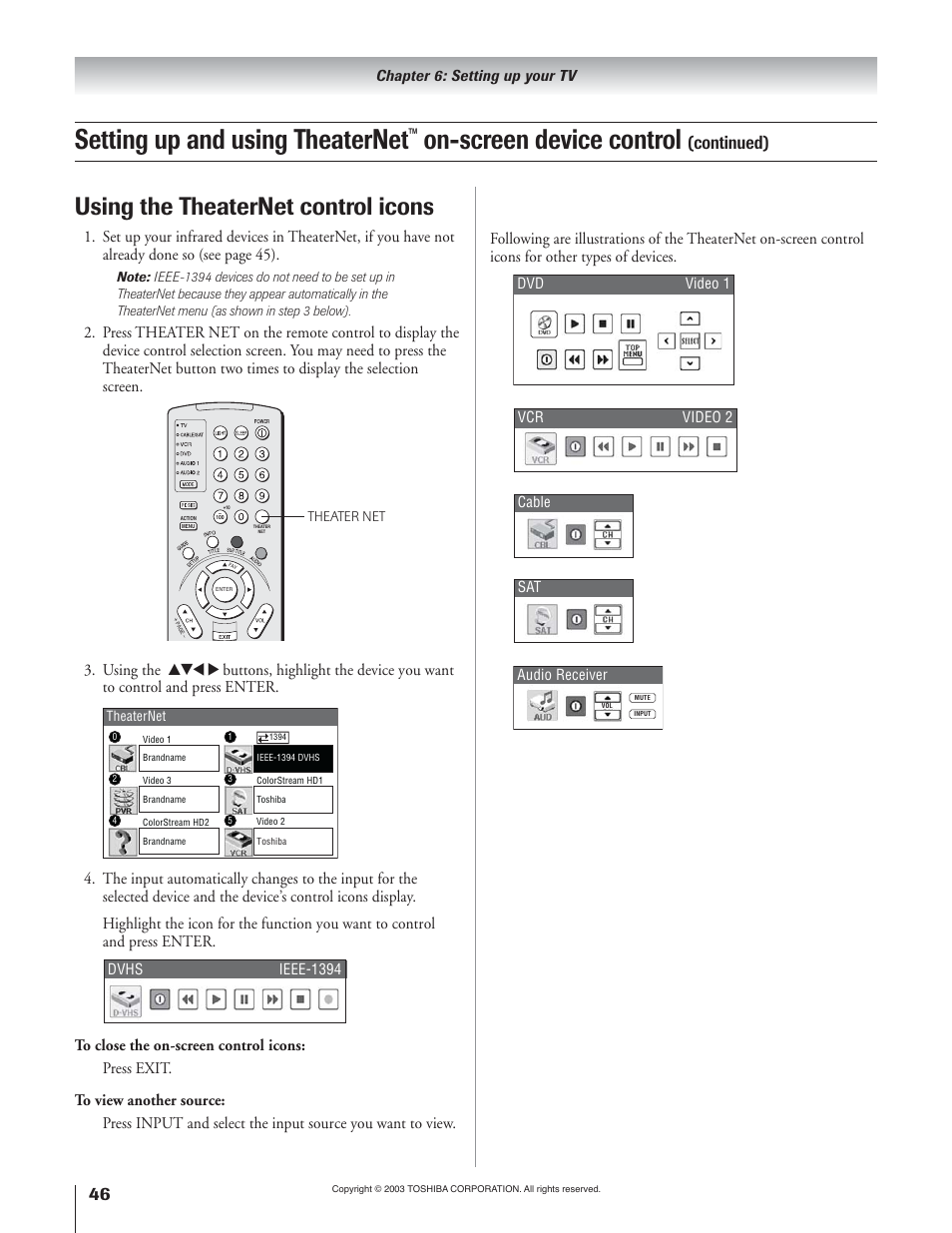 Setting up and using theaternet, On-screen device control, Using the theaternet control icons | Continued) | Toshiba 65H93 User Manual | Page 46 / 100