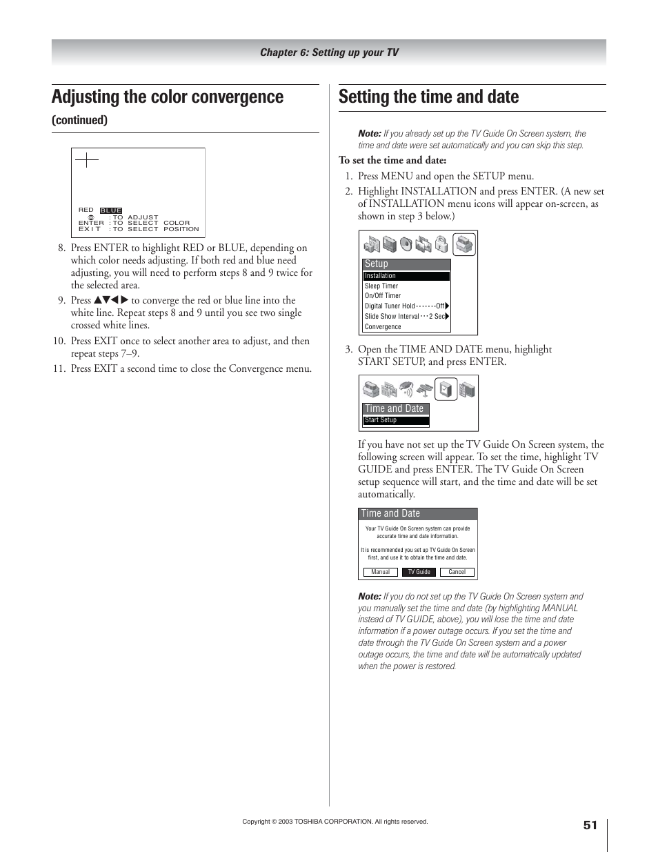 Adjusting the color convergence, Setting the time and date, Continued) | Toshiba 65H93 User Manual | Page 51 / 100