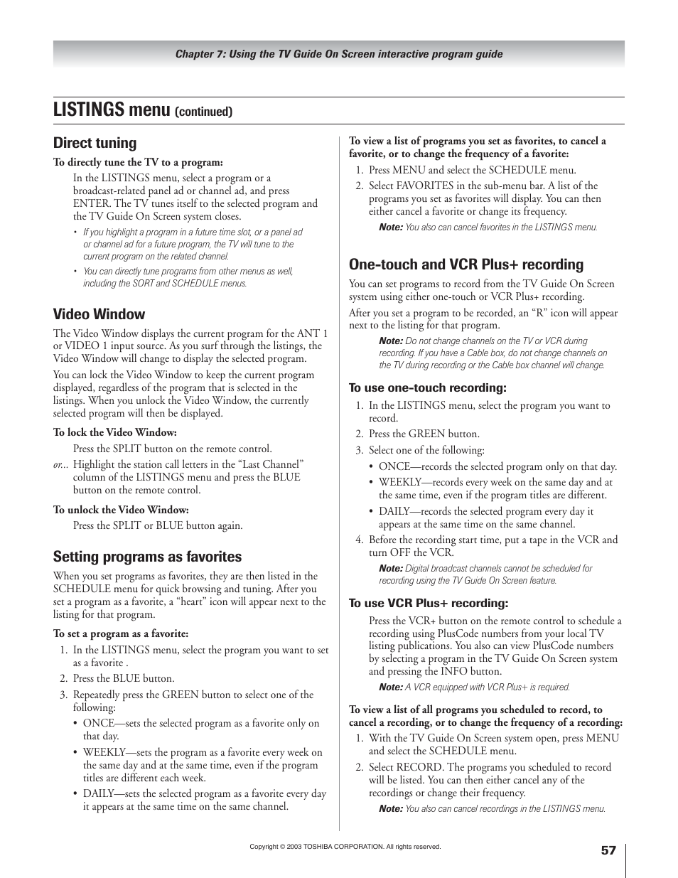 Listings menu, Direct tuning, Video window | Setting programs as favorites, One-touch and vcr plus+ recording | Toshiba 65H93 User Manual | Page 57 / 100