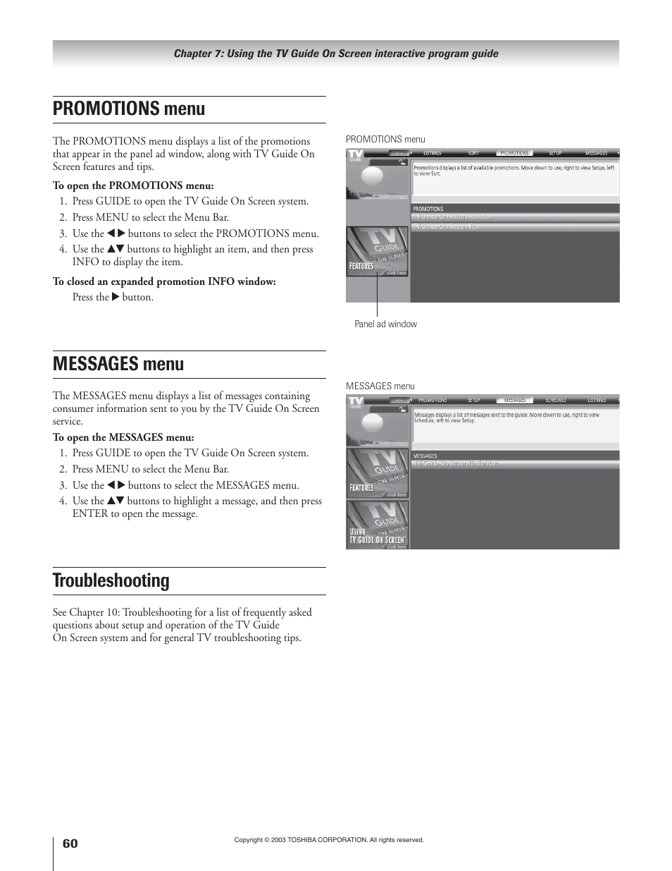 Promotions menu, Messages menu, Troubleshooting | Toshiba 65H93 User Manual | Page 60 / 100