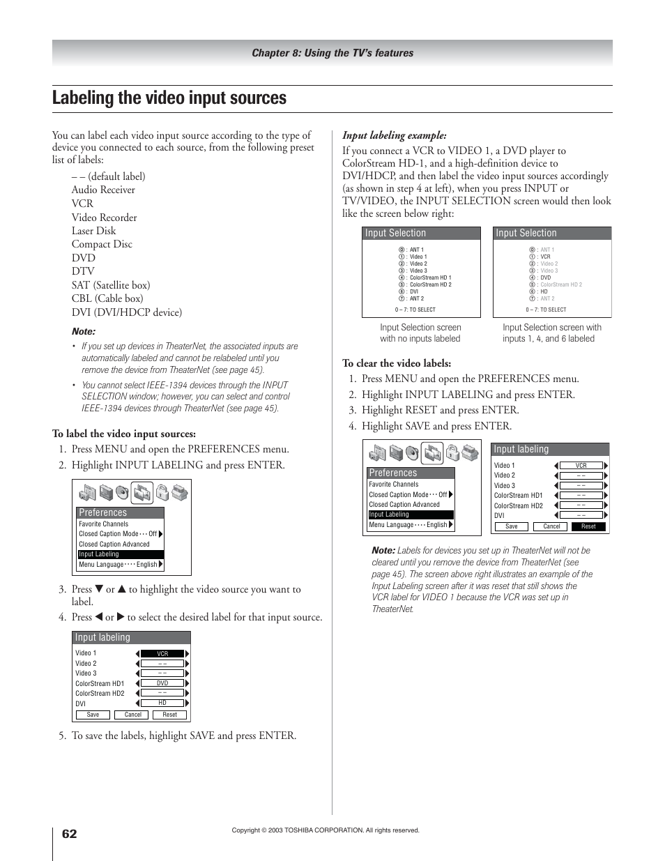 Labeling the video input sources, Chapter 8: using the tv’s features | Toshiba 65H93 User Manual | Page 62 / 100
