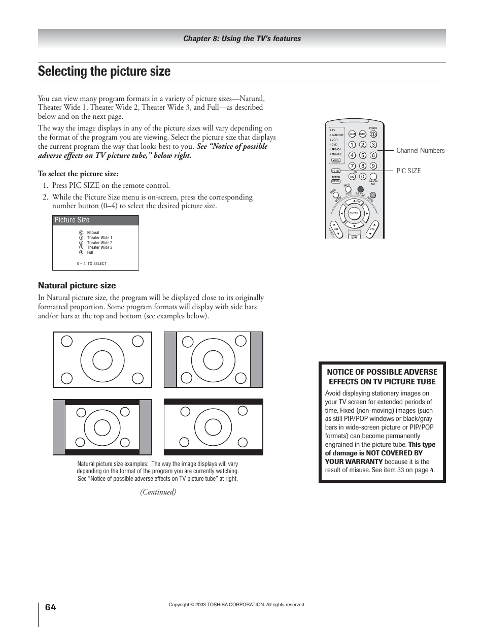 Selecting the picture size, Natural picture size, Continued) | Chapter 8: using the tv’s features, Picture size, Pic size | Toshiba 65H93 User Manual | Page 64 / 100