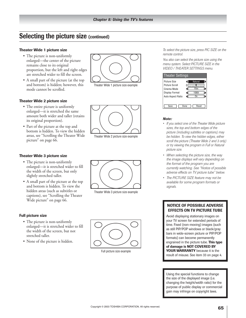 Selecting the picture size, Continued) | Toshiba 65H93 User Manual | Page 65 / 100