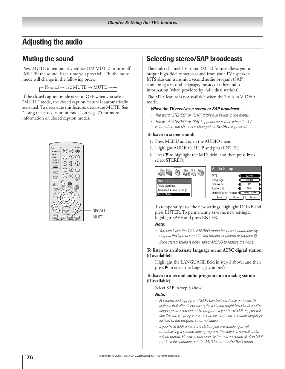 Adjusting the audio, Muting the sound, Selecting stereo/sap broadcasts | Toshiba 65H93 User Manual | Page 76 / 100