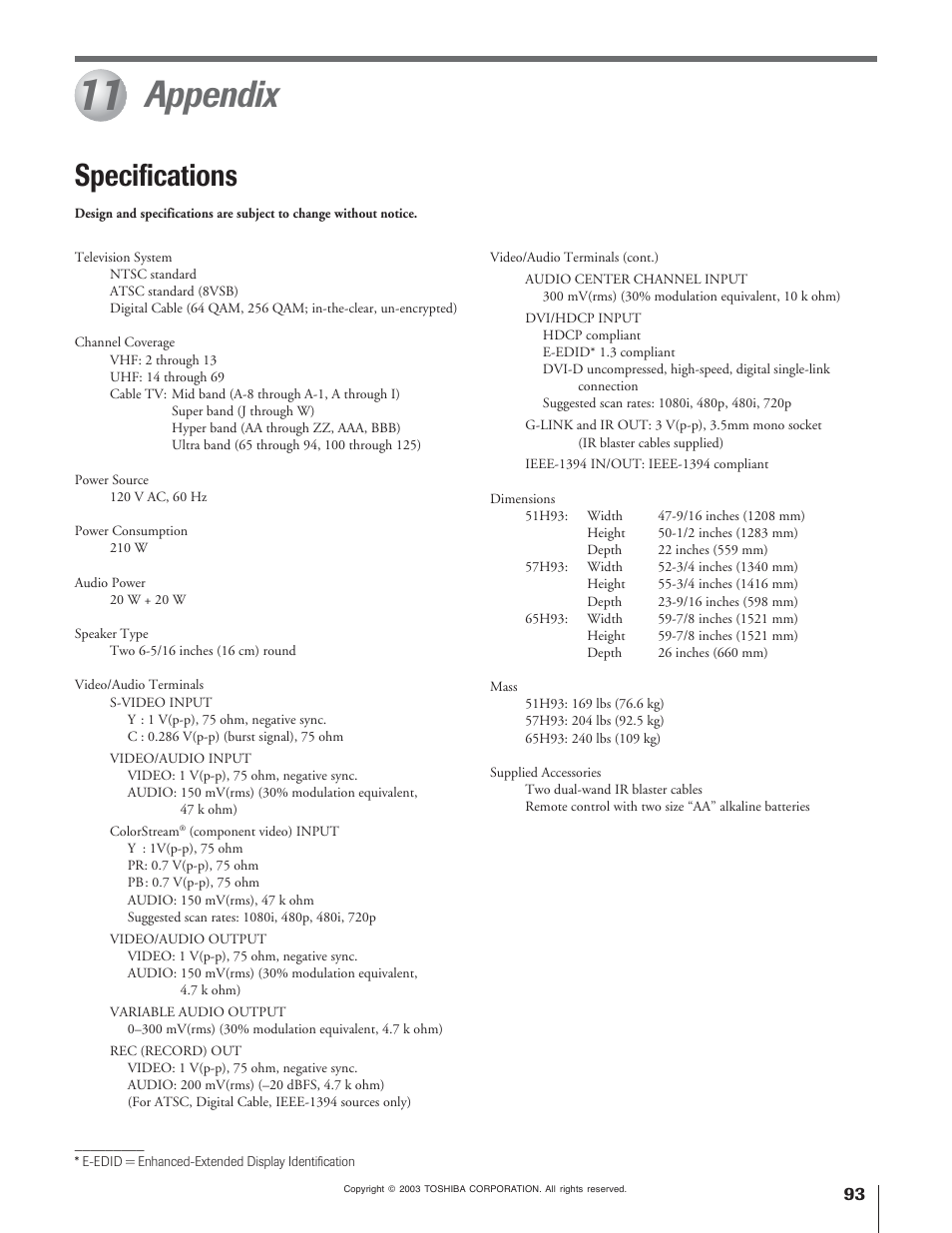 Appendix, Specifications | Toshiba 65H93 User Manual | Page 93 / 100