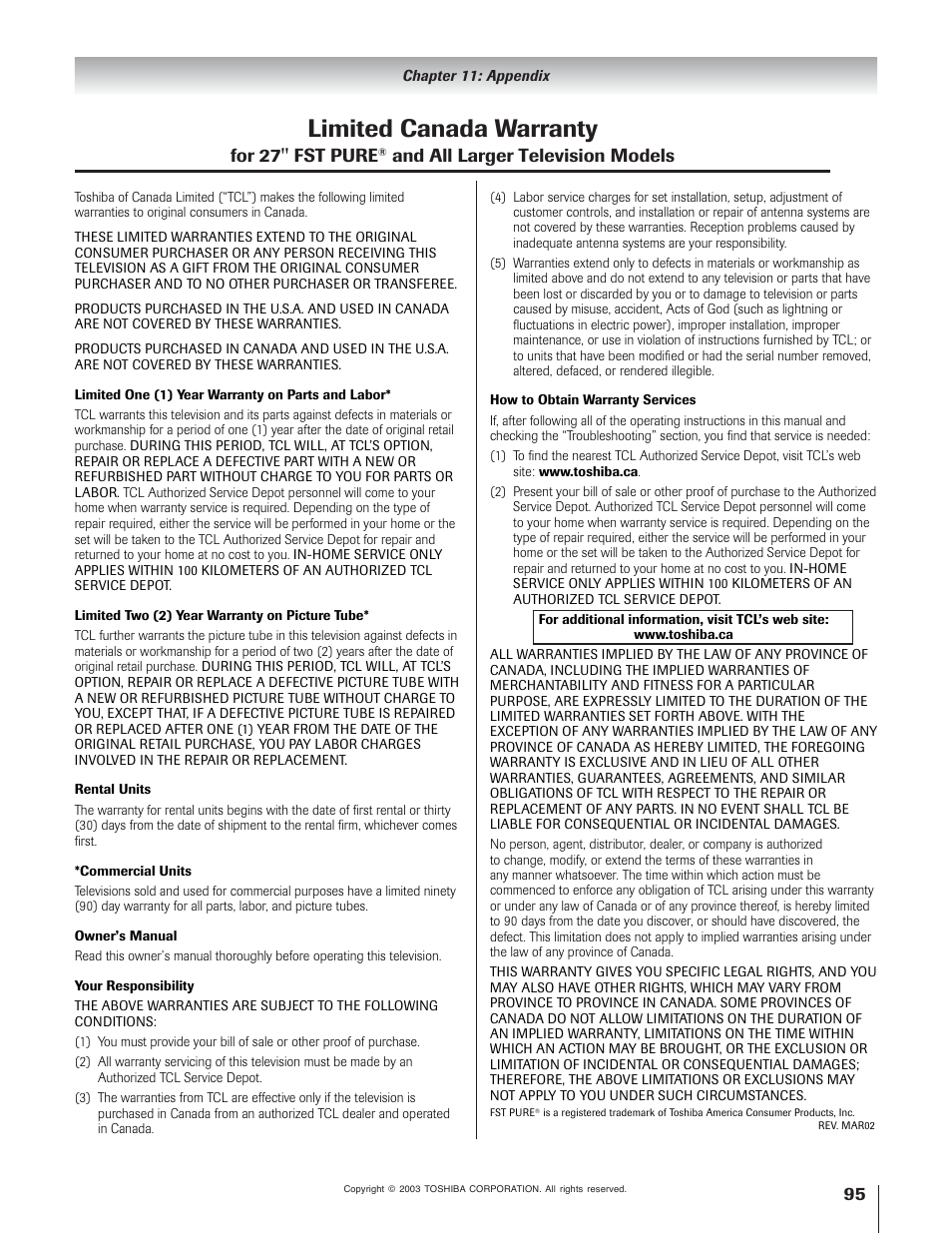 Limited canada warranty, For 27'' fst pure, And all larger television models | Toshiba 65H93 User Manual | Page 95 / 100