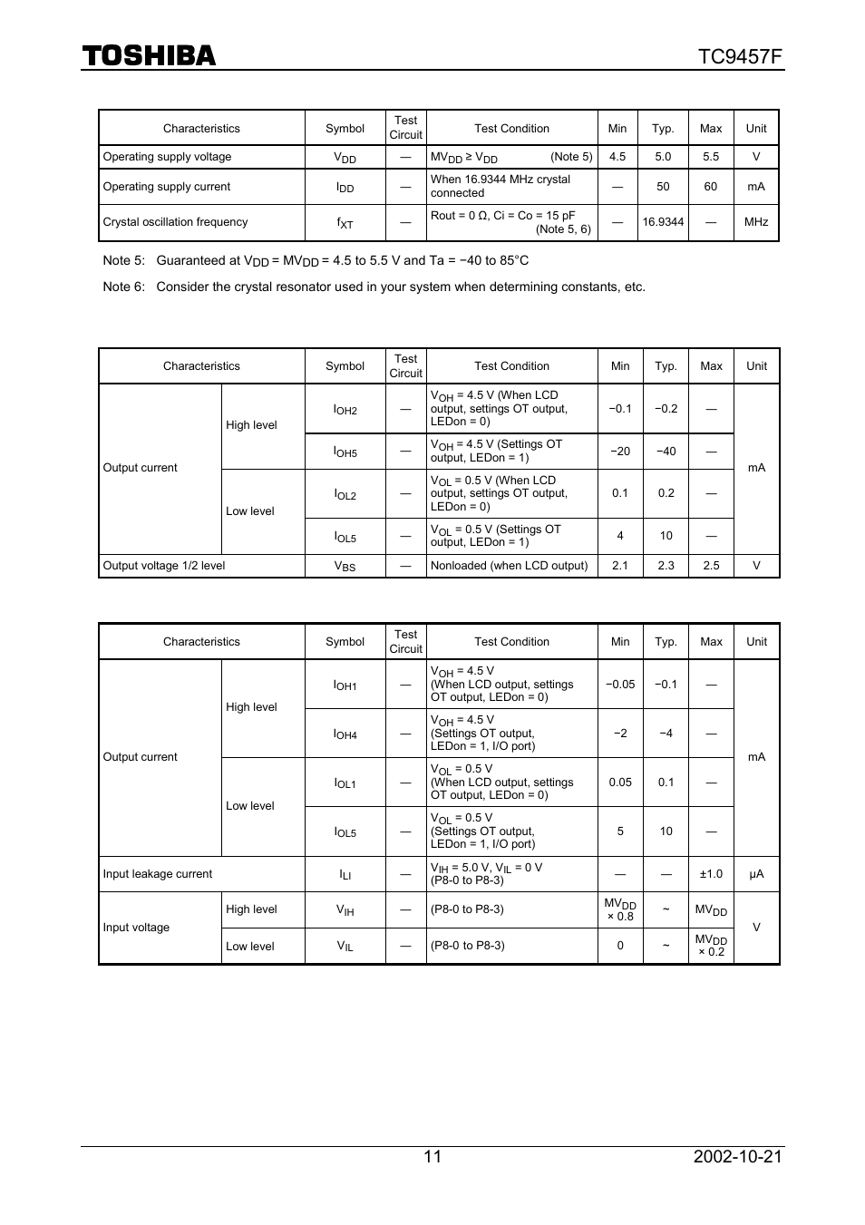 Tc9457f, Lcd common output, Segment output | Toshiba TC9457F User Manual | Page 11 / 16