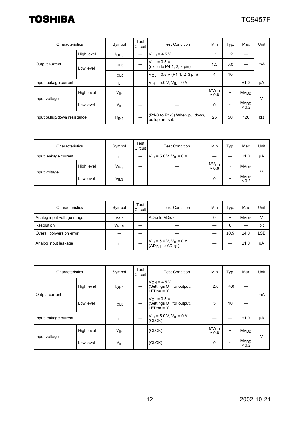 Tc9457f, I/o ports, Hold , intr input port, reset input | A/d converter | Toshiba TC9457F User Manual | Page 12 / 16