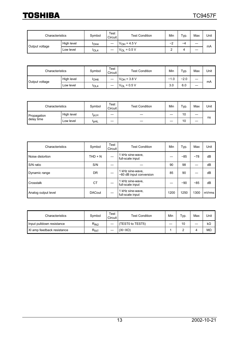 Tc9457f, Propagation delay time, 1bit da converter | Other, Pdo, tmax, rfgc, tebc, dmo outputs | Toshiba TC9457F User Manual | Page 13 / 16