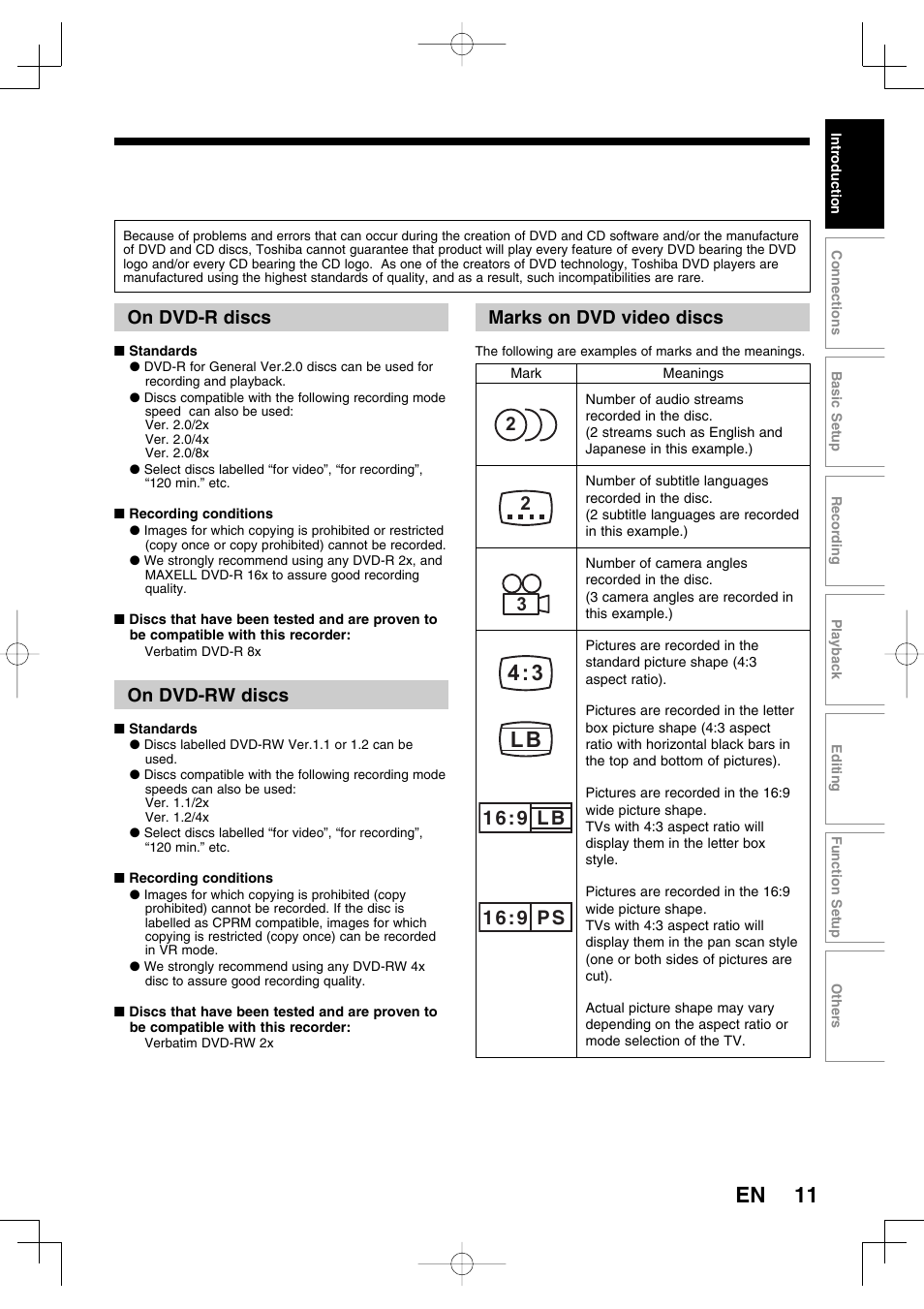 11 en, Lb 4:3, On dvd-r discs | On dvd-rw discs, Marks on dvd video discs | Toshiba D-R160SB User Manual | Page 11 / 67