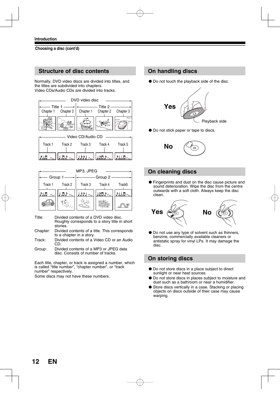 12 en, No yes, Structure of disc contents | On handling discs, On cleaning discs, On storing discs | Toshiba D-R160SB User Manual | Page 12 / 67