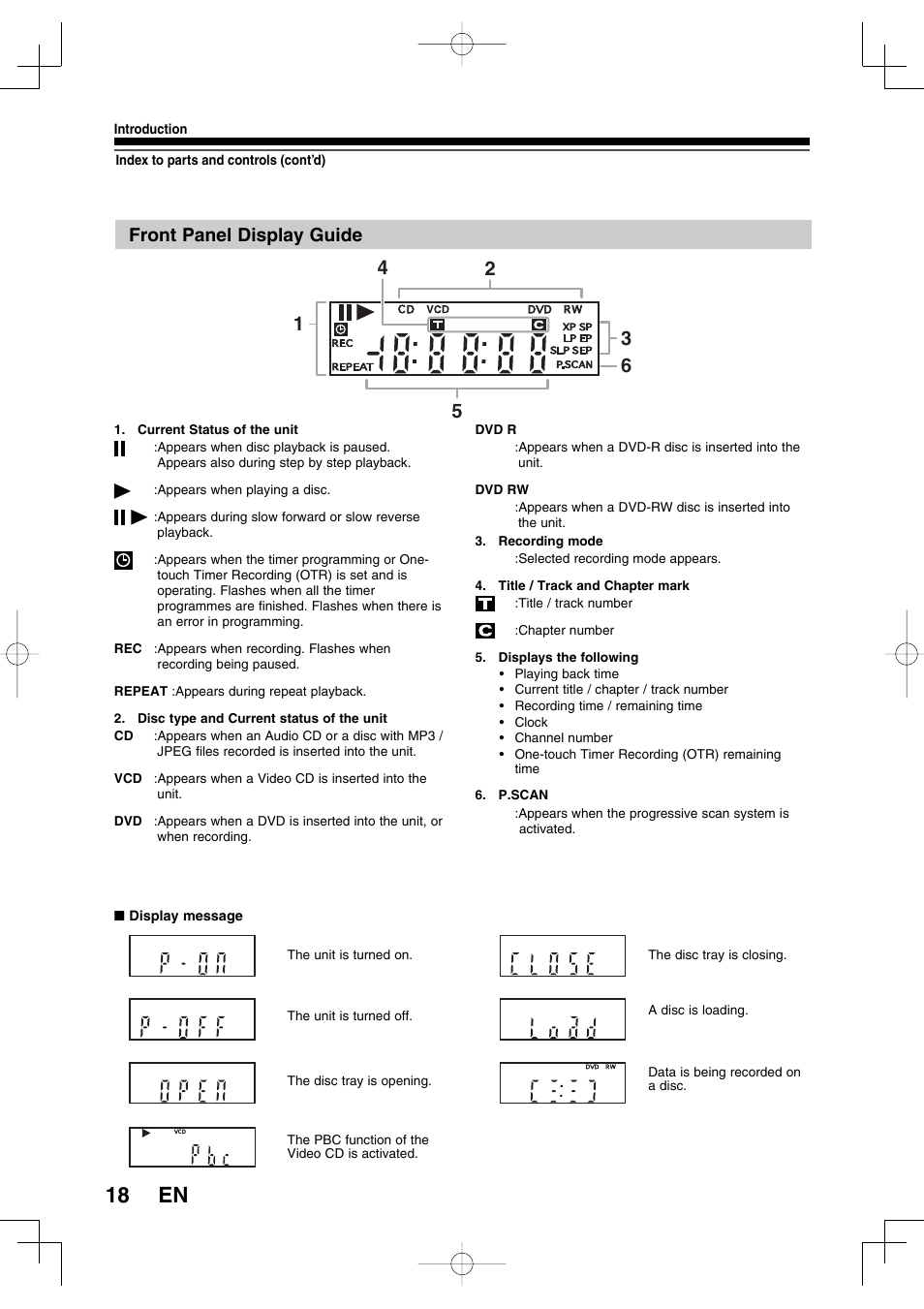 18 en, Front panel display guide | Toshiba D-R160SB User Manual | Page 18 / 67