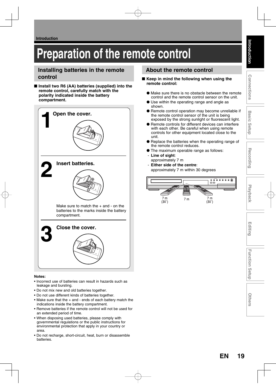 Preparation of the remote control, 19 en | Toshiba D-R160SB User Manual | Page 19 / 67