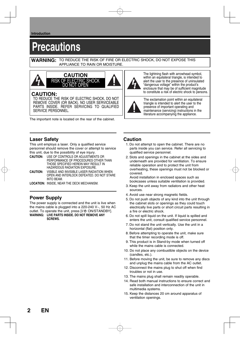 Precautions, Caution, Caution risk of electric shock do not open | Warning, Laser safety, Power supply | Toshiba D-R160SB User Manual | Page 2 / 67