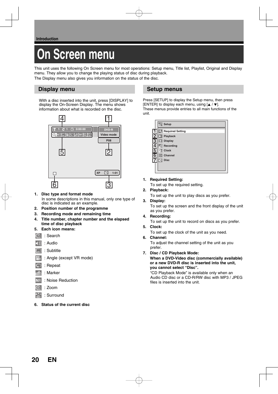 On screen menu, 20 en, Display menu | Setup menus | Toshiba D-R160SB User Manual | Page 20 / 67