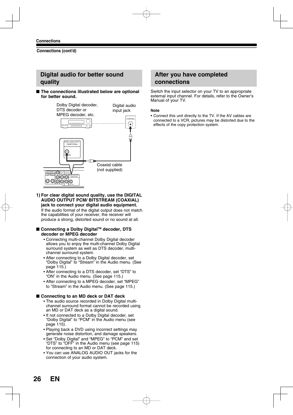 26 en, Digital audio for better sound quality, After you have completed connections | Toshiba D-R160SB User Manual | Page 26 / 67