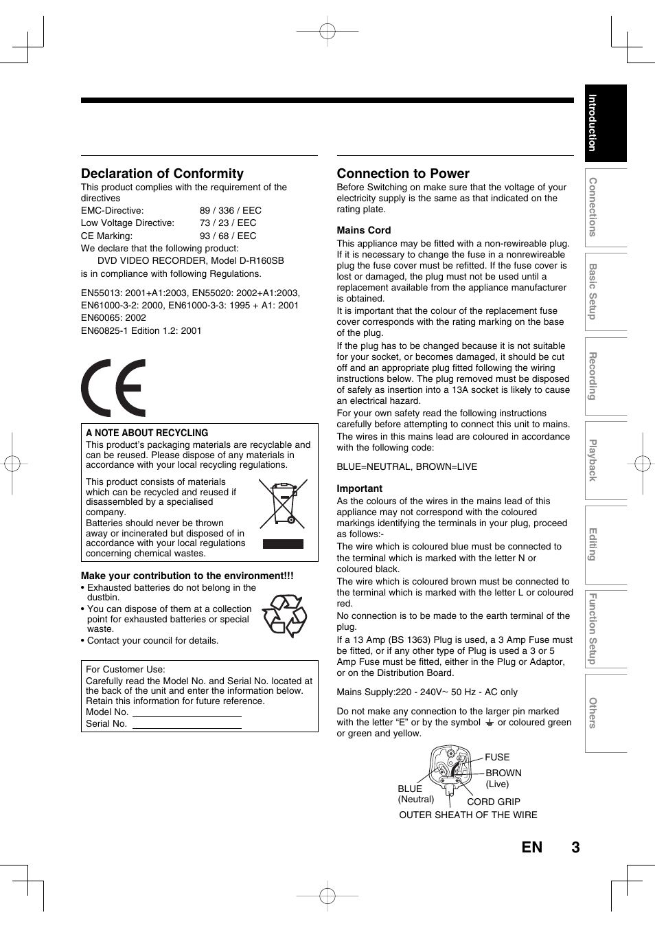 Declaration of conformity, Connection to power | Toshiba D-R160SB User Manual | Page 3 / 67