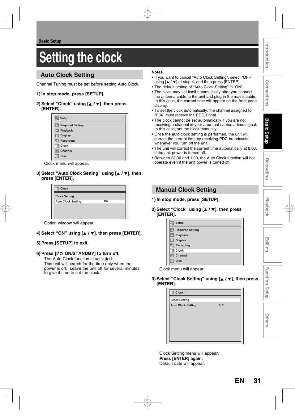 Setting the clock, 31 en, Auto clock setting | Manual clock setting | Toshiba D-R160SB User Manual | Page 31 / 67