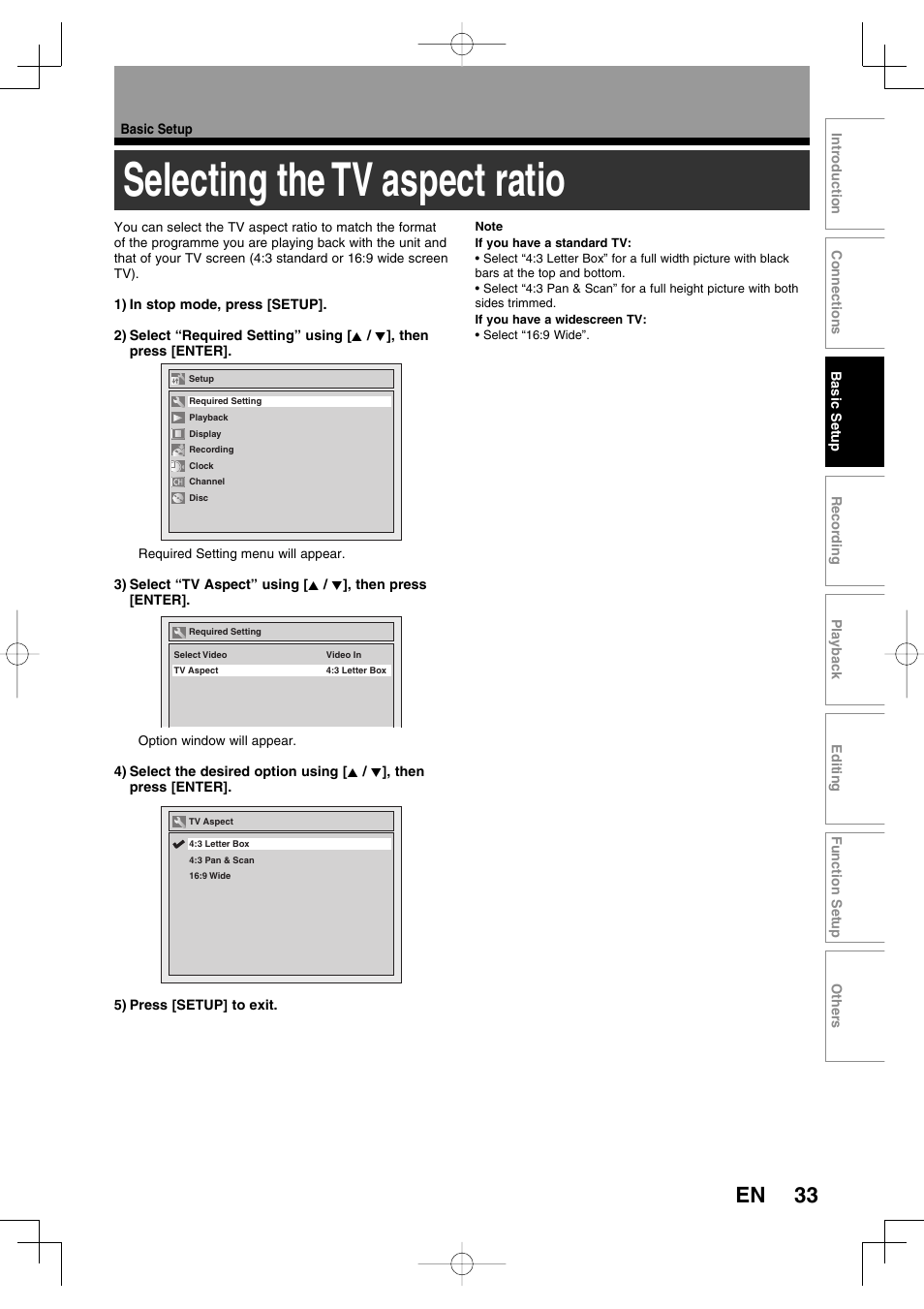 Selecting the tv aspect ratio, 33 en | Toshiba D-R160SB User Manual | Page 33 / 67