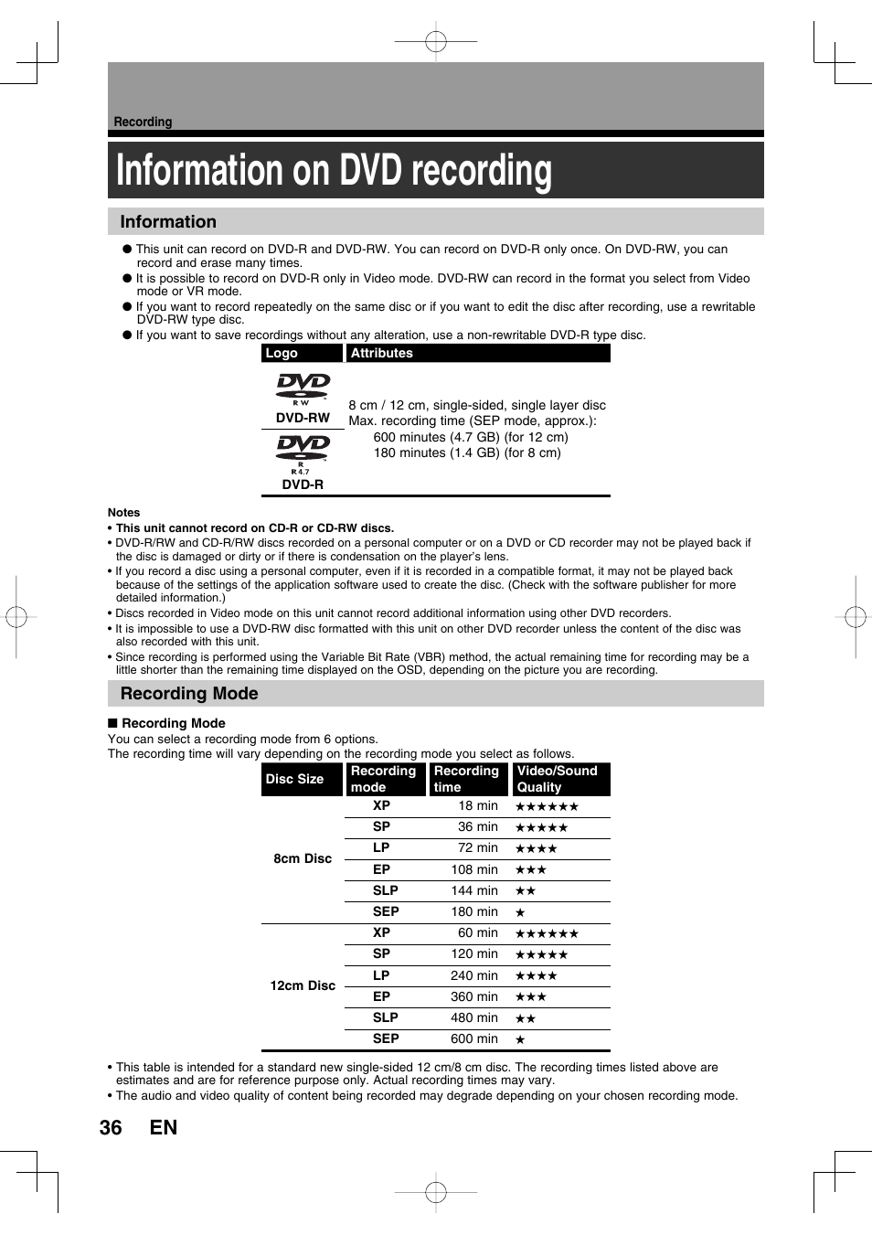 Information on dvd recording, 36 en, Information recording mode | Toshiba D-R160SB User Manual | Page 36 / 67