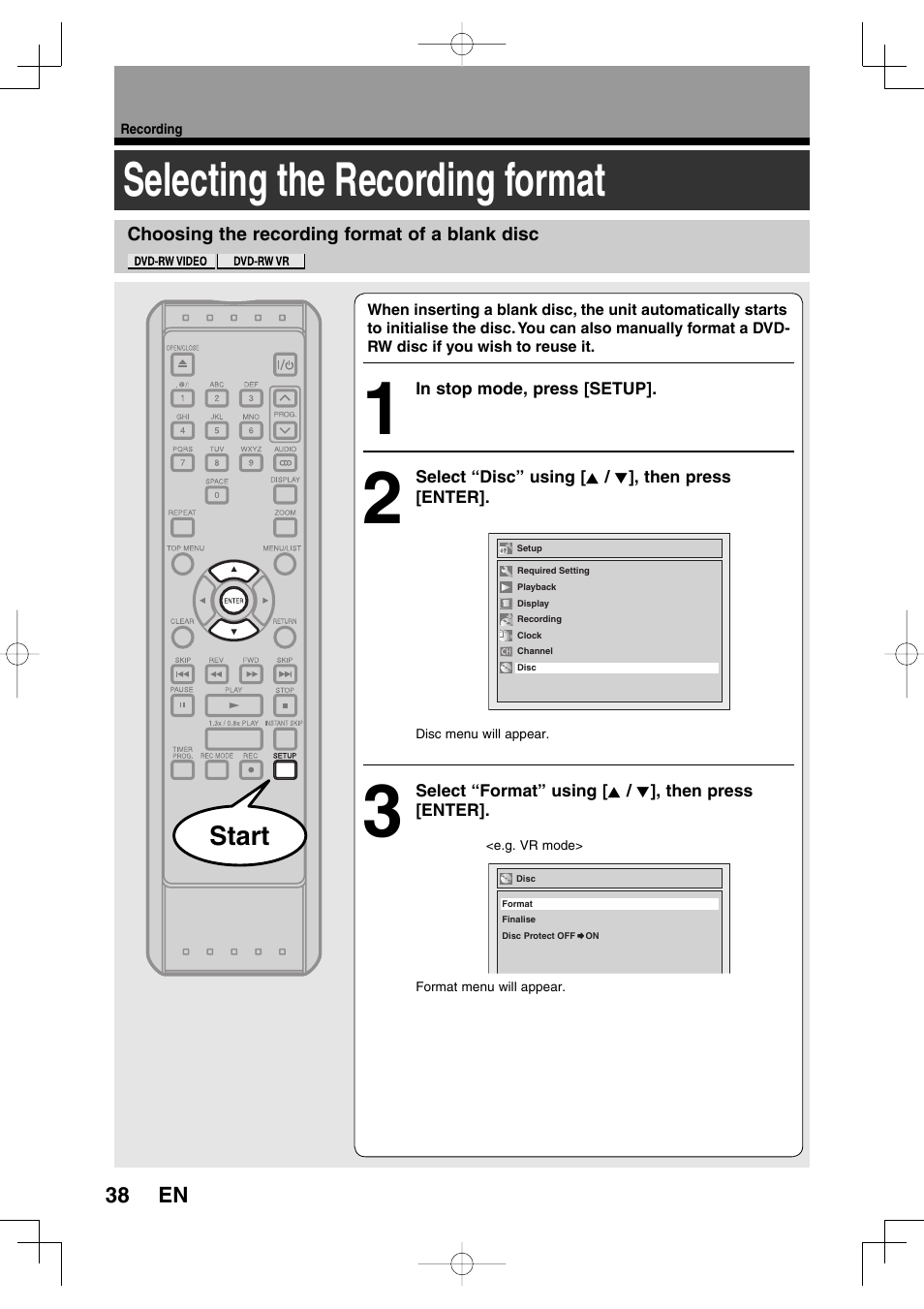 Selecting the recording format, Start | Toshiba D-R160SB User Manual | Page 38 / 67